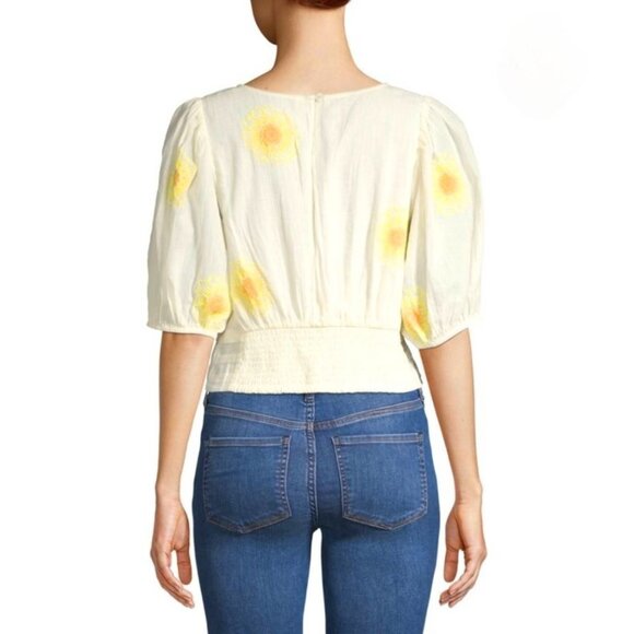 Free People My Girl Sunflower White Cotton Blouse Puff Sleeves & Back Button S - Picture 3 of 14